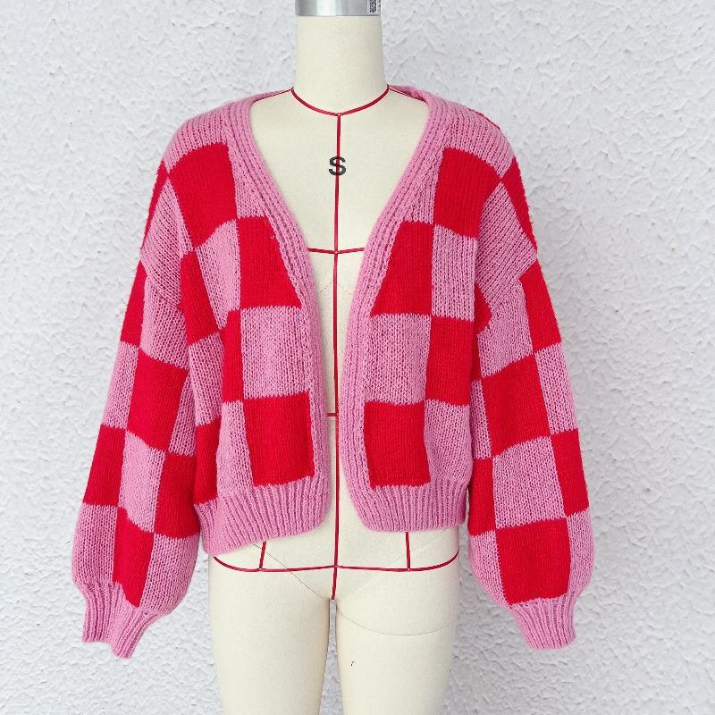 Autumn and Winter New Casual Loose Checkered Contrasting Coarse Needle Cardigan Cute Knitted Sweater Jacket for Women