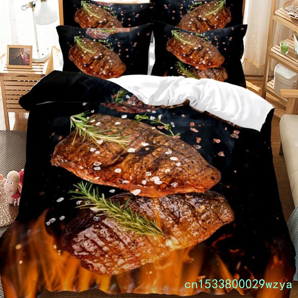 Еда Говядина Комплект постельного белья 3D Свежее мясо Пододеяльник Кинг/Квин Сайз Вкусные морепродукты Сашими Голень Стейк Реалистичный Пододеяльник