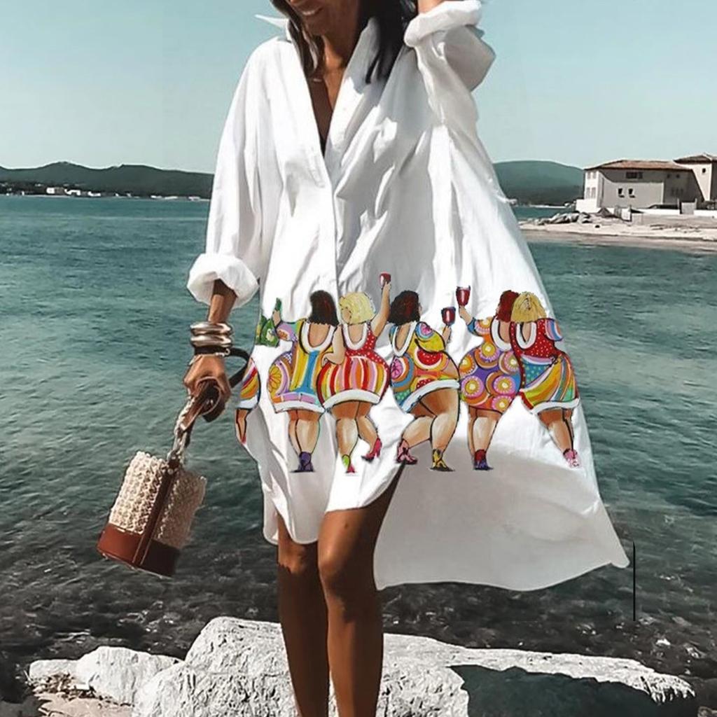 Women Summer Bohemian Dress Casual Print Shirt Dress For Women Fashion Long Sleeve Beach Hawaiian Cover Ups Dresses Clubwear Button Down