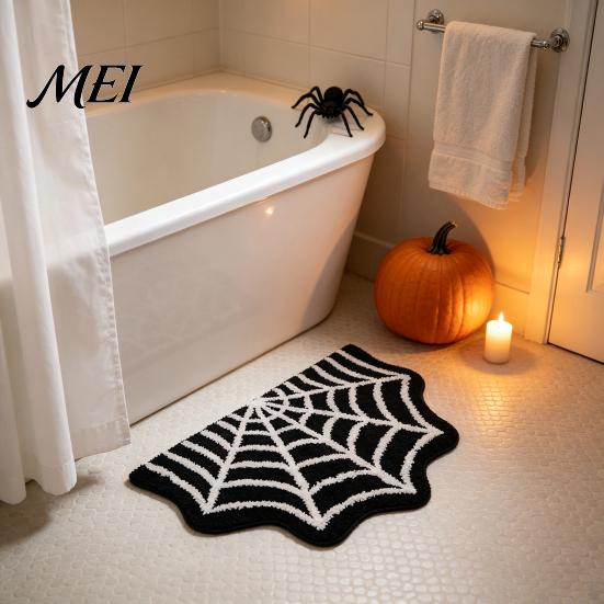 Easy to Clean Area Rug Spider Web Bath Mat, Halloween Gothic Bathroom Rug, Non-slip Washable Laundry Room Black Bat for Home Entrance Bedroom