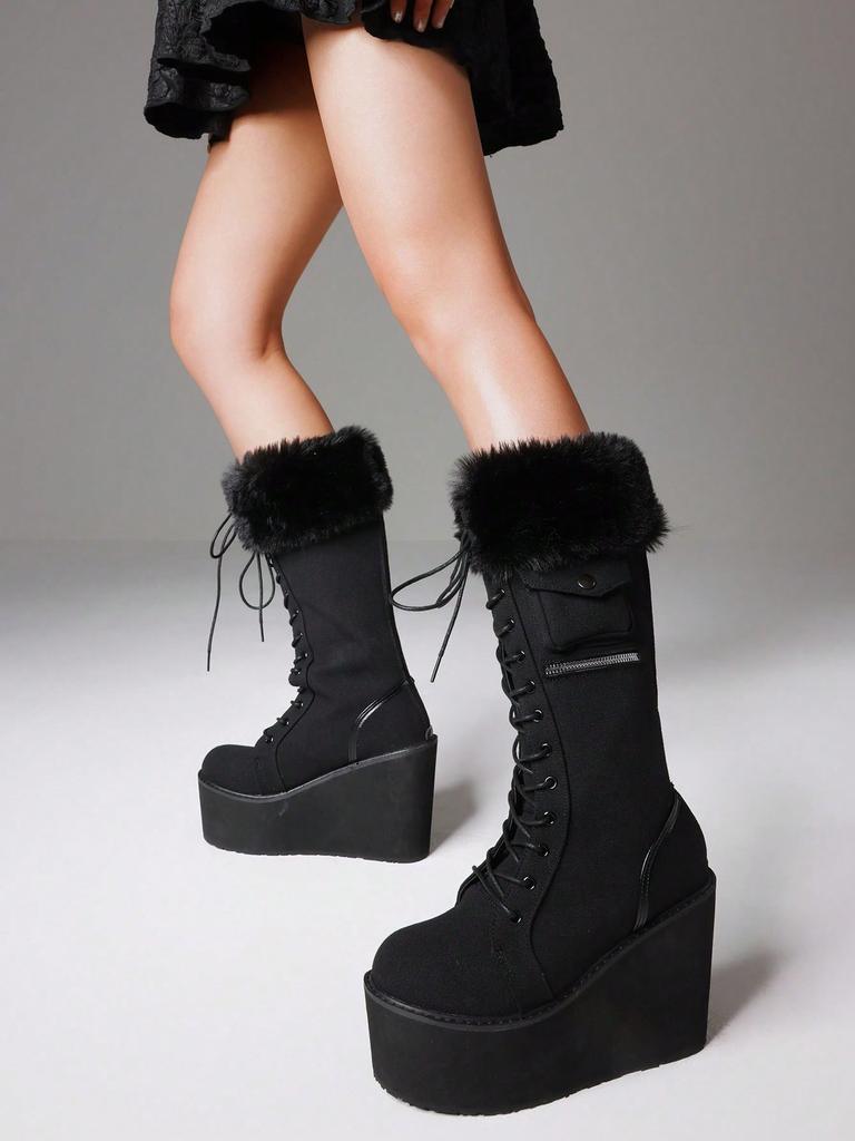 Панк Готика Женские Боевые Ботинки Массивный Клиновидный Каблук Мех До Середины Икры Платформа Роскошные Зимние Туфли Женщина Хэллоуин