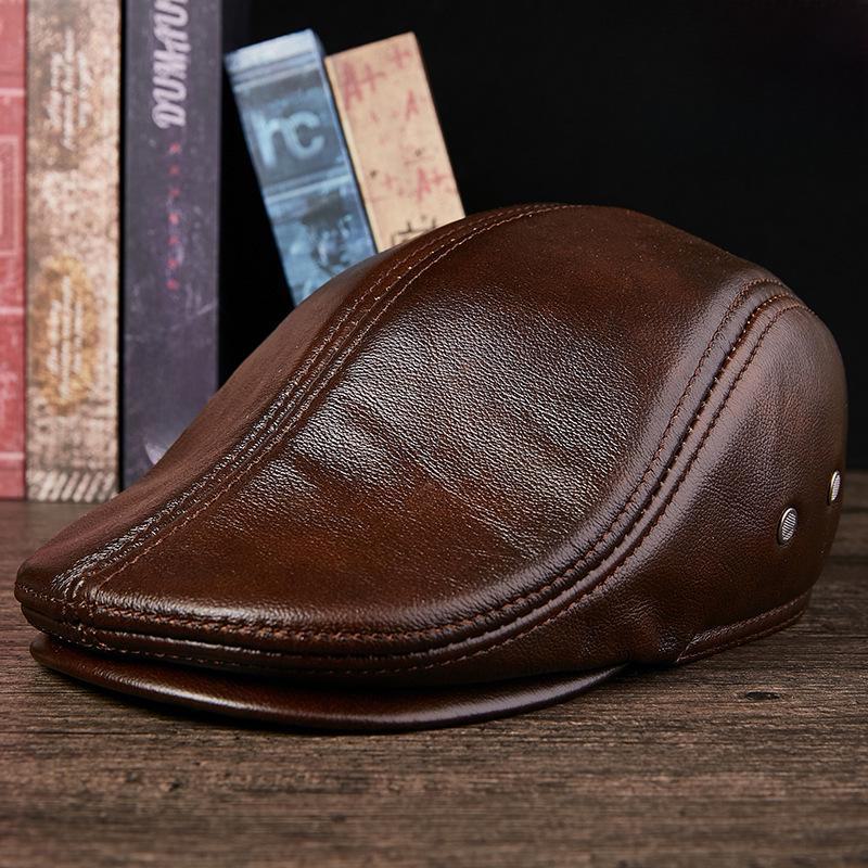 Men's Genuine Leather Duckbill Hat – Stylish, Warm, Thickened Cowhide Beret for Middle-Aged and Elderly (Autumn/Winter)