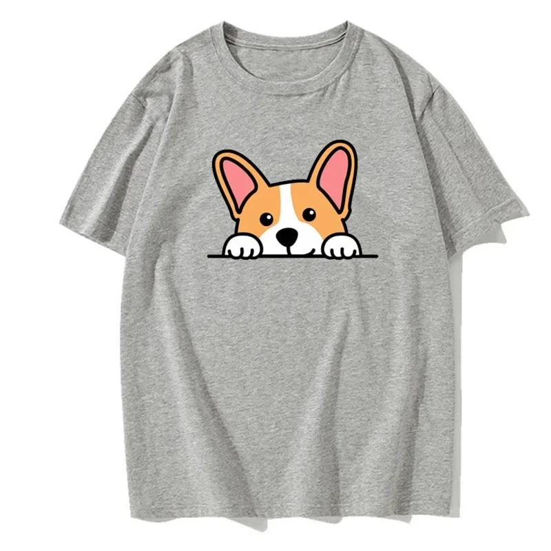 Cute Dog Corgi Print Summer Short-sleeved Casual Daily Versatile Men's Top Cotton European Size Comfortable T-shirt