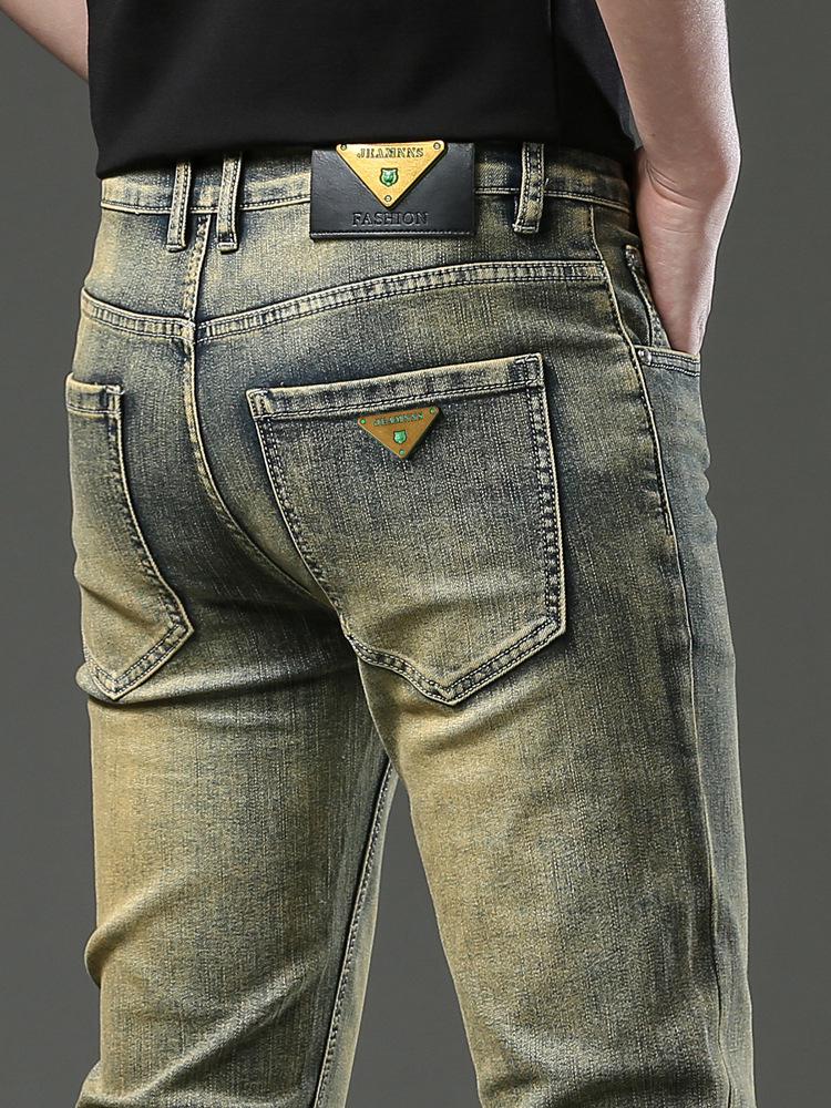 Мужские облегающие джинсы в стиле ретро цвета латуни с потертостями — модные повседневные узкие брюки на осень для мальчиков.