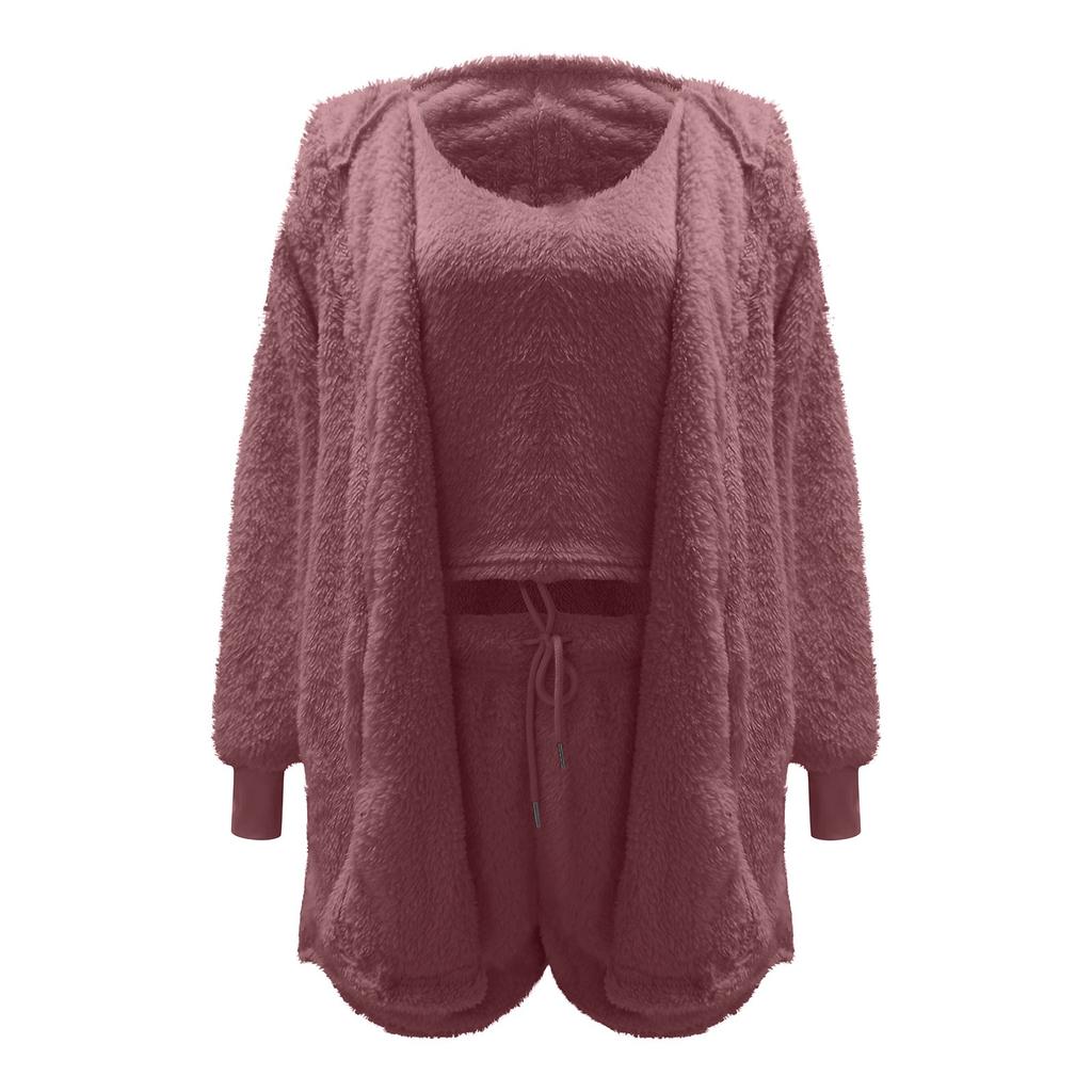 Women's Casual Solid Color Drawstring Plush Vest Shorts Coat Three Piece Suit