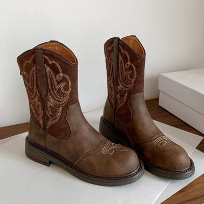 2024 Новые женские туфли с рукавами, женские ботинки, осень-зима, сохраняющие тепло, с круглым носком, однотонные, короткие, на толстом каблуке, ботинки в стиле вестерн