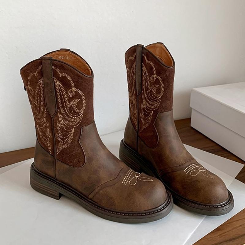 Мода 2024 Новая женская обувь Рукав Женские ботинки Осень Зима Сохраняют тепло Круглый носок Однотонные Короткий голенище Массивный каблук Ковбойские ботинки