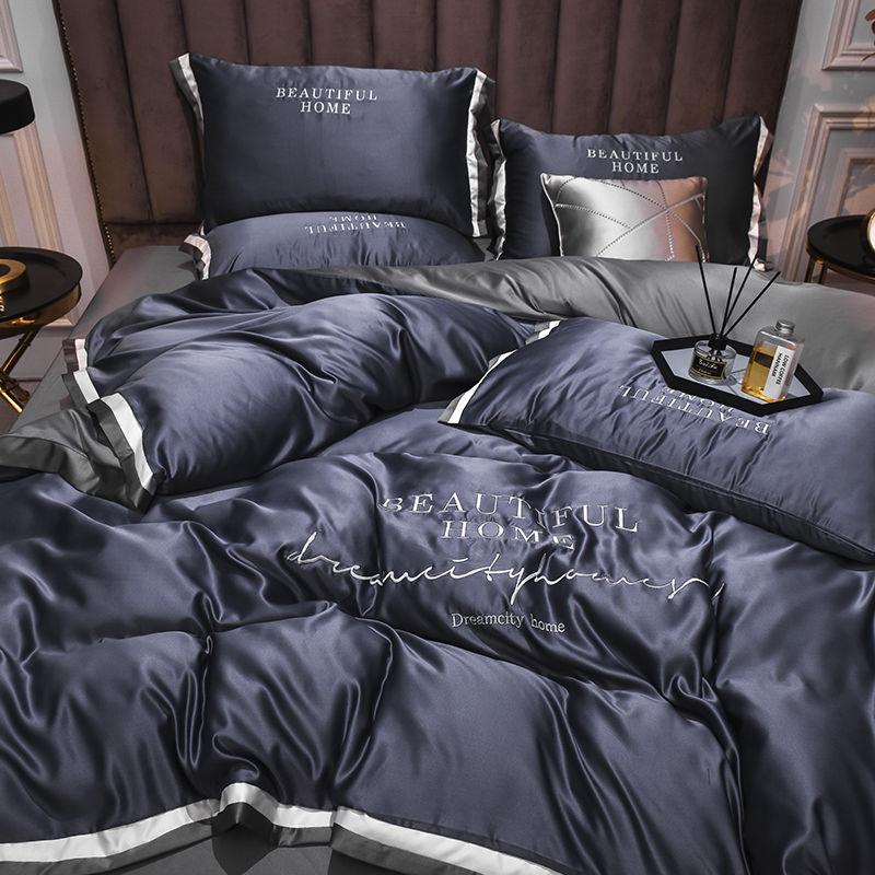 Пододеяльник с вышивкой, простыня, наволочка, двусторонний комплект из четырех предметов из ледяного шелка, постельное белье из стираного шелка