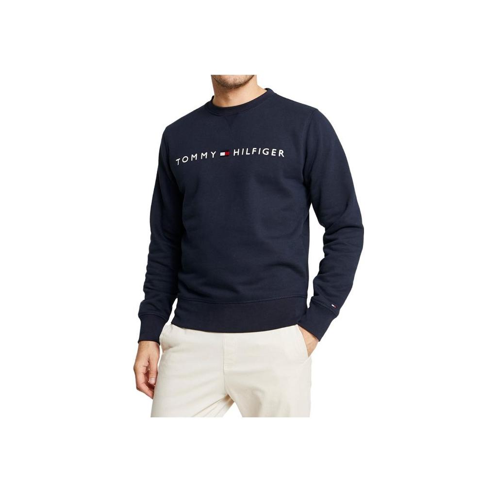 Tommy Hilfiger Однотонный флисовый пуловер с принтом из букв Прямой крой Круглый вырез Осень Зима Толстовка Мужская толстовка Темно-синий 78D8989-079