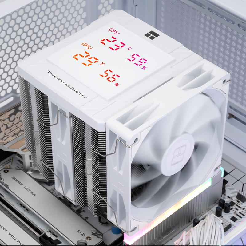 Воздушный кулер Thermalright PA120: Белый, Четырехсторонний ARGB, Цифровой дисплей, Толщина 28 мм, Радиатор с двумя вентиляторами