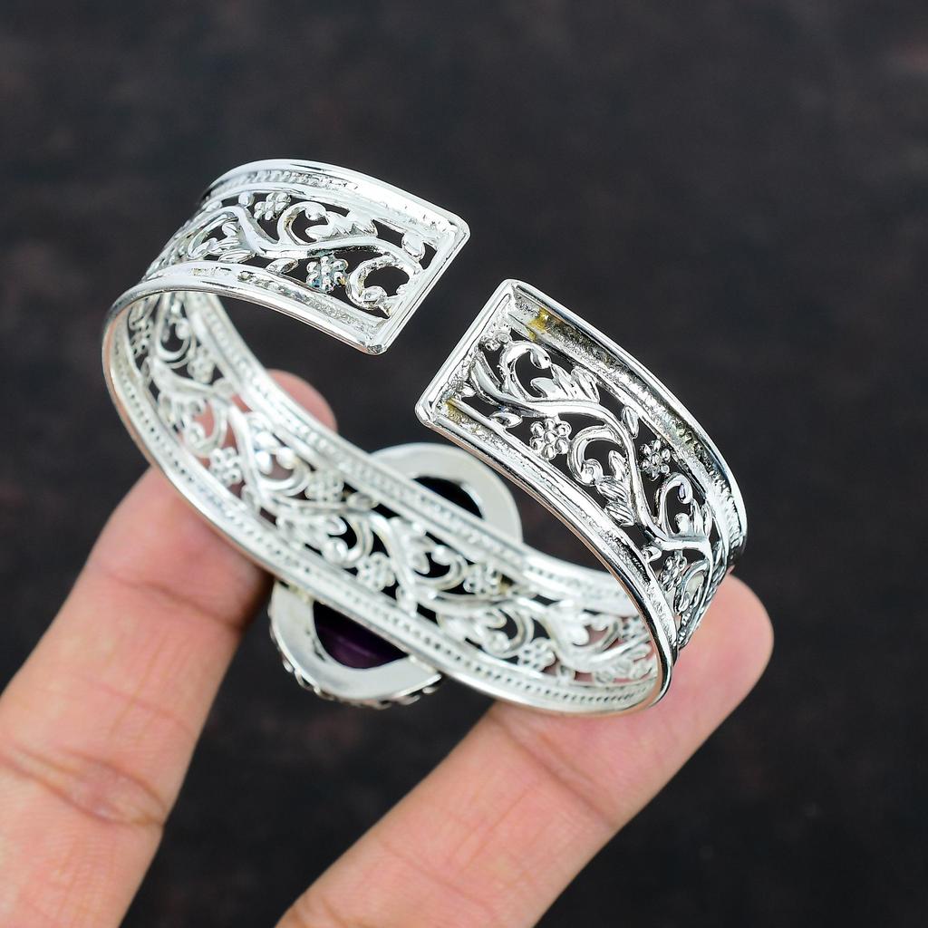 Браслет-манжета из фиолетового огненного лабрадорита, драгоценный камень, достойные ювелирные изделия, браслет из стерлингового серебра 925 пробы, регулируемый браслет-манжета, ювелирные изделия ручной работы