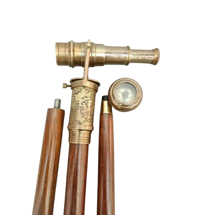 Латунный телескоп, компас на верхней ручке, деревянная трость, скрытый подарок