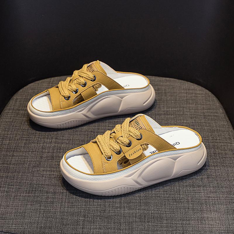 Шлепанцы из натуральной кожи Женские Ажурные Мюли Летние С открытым носком Дышащие Повседневные Туфли Клинья Платформа Кроссовки на шнуровке