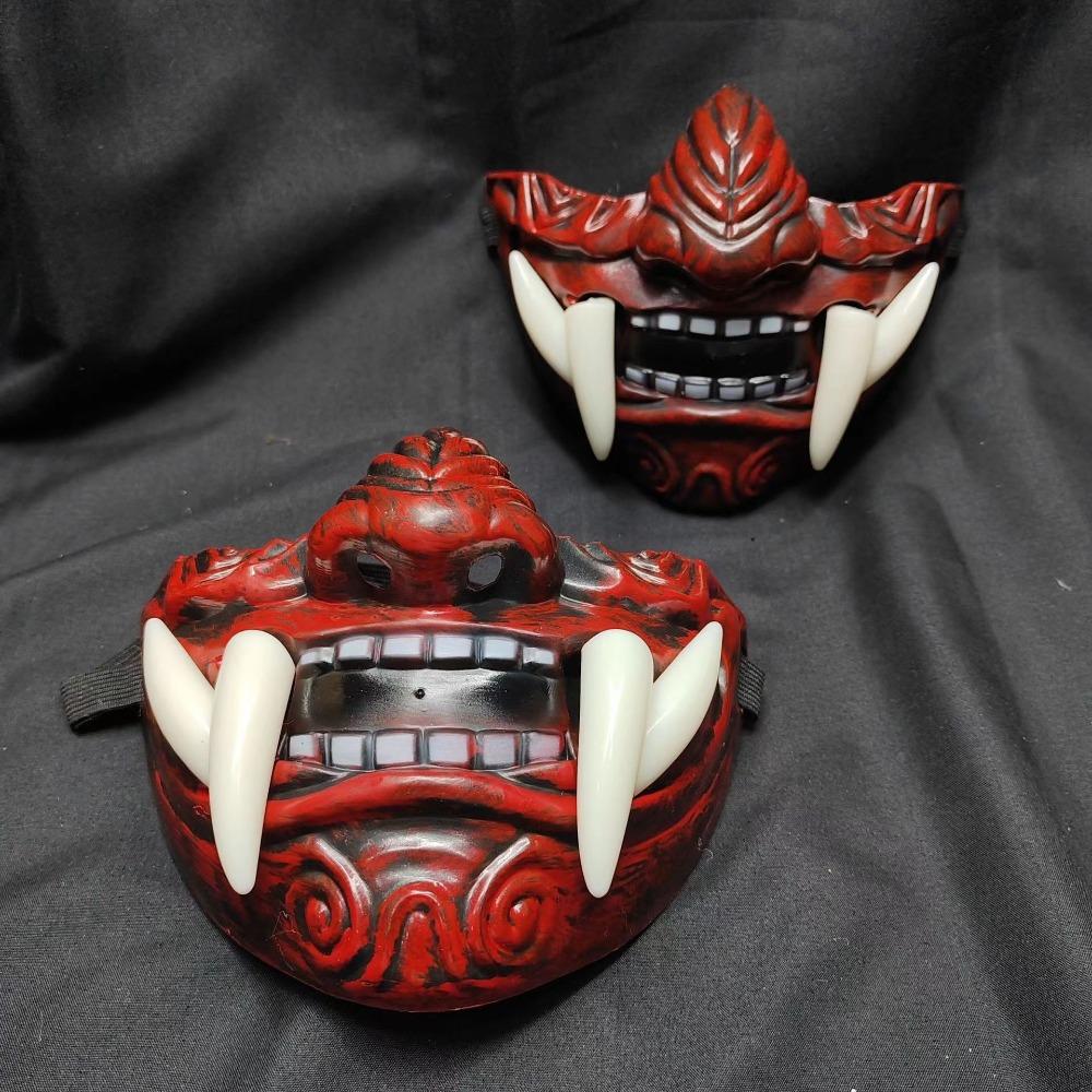 Realistic 3D Japanese Samurai Mask Lightweight Breathable Halloween Cosplay Masks Fierce Teeth Fang Mask Clothing Accessories