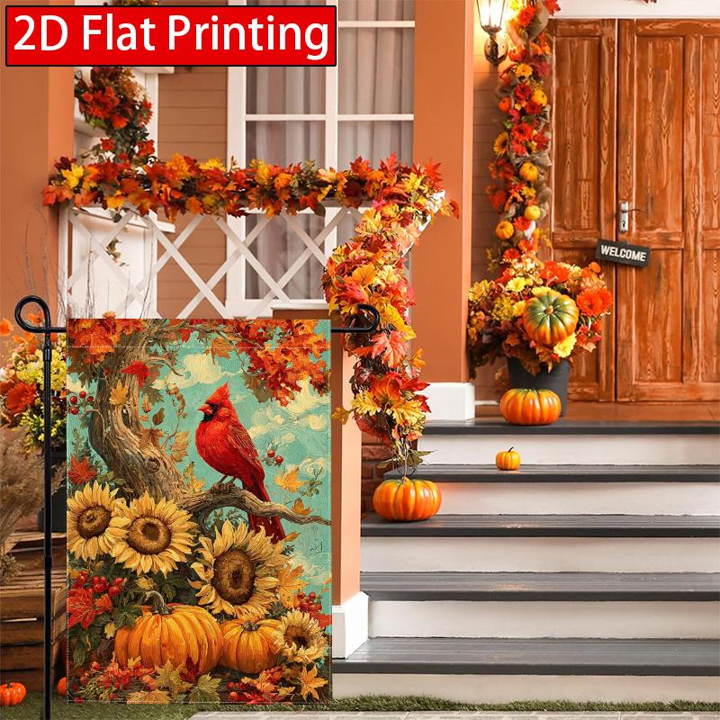 2D Flat - 2D Flat Thanksgiving Welcome Autumn Cardinal Red Bird Pumpkin Garden Flag 2 (1) Outdoor Garden Flag Double-Sided Home Decoration Courtyard