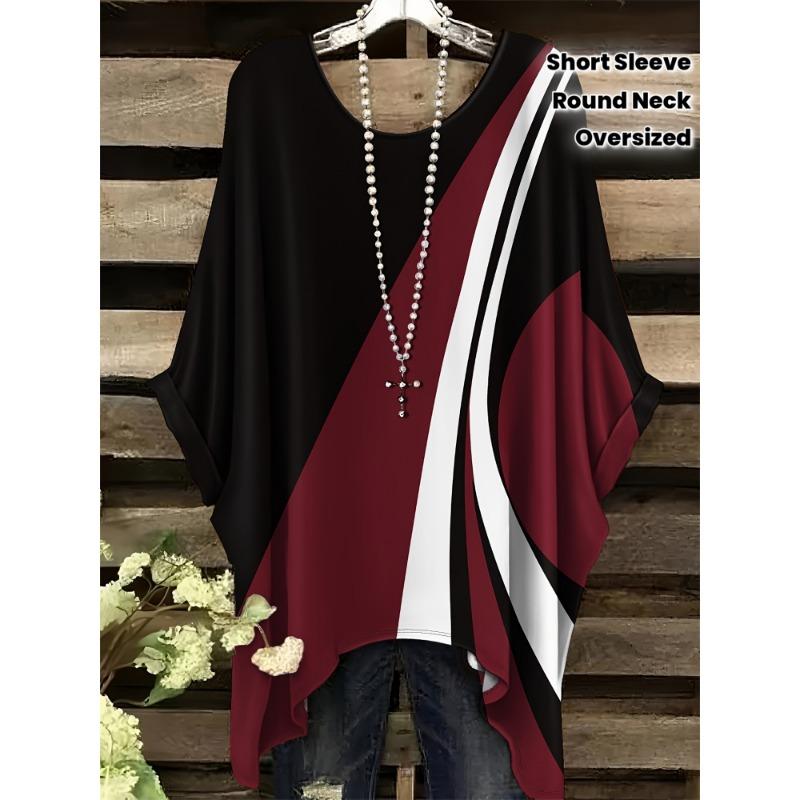 Большой размер, Женская повседневная футболка большого размера с коротким рукавом - Фиолетовый цветочный принт, Эластичный полиэстер, Круглый вырез, Можно стирать в машине, Комфорт круглый год