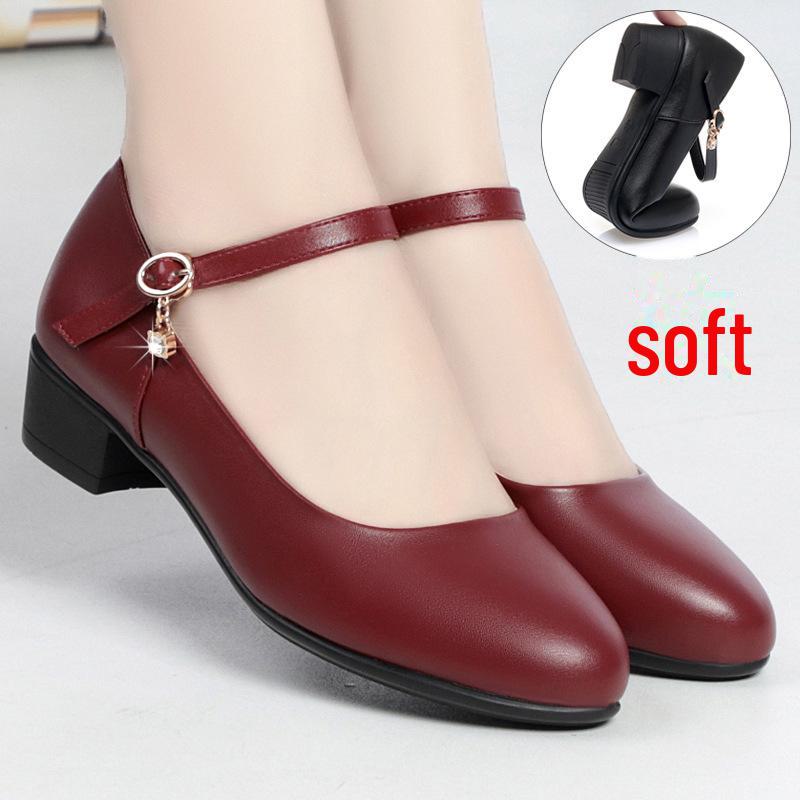 Туфли из мягкой кожи на среднем каблуке с пряжками на ремешках для работы и танцев с ципао, подходят женщинам среднего возраста, черная мягкая подошва для осени.