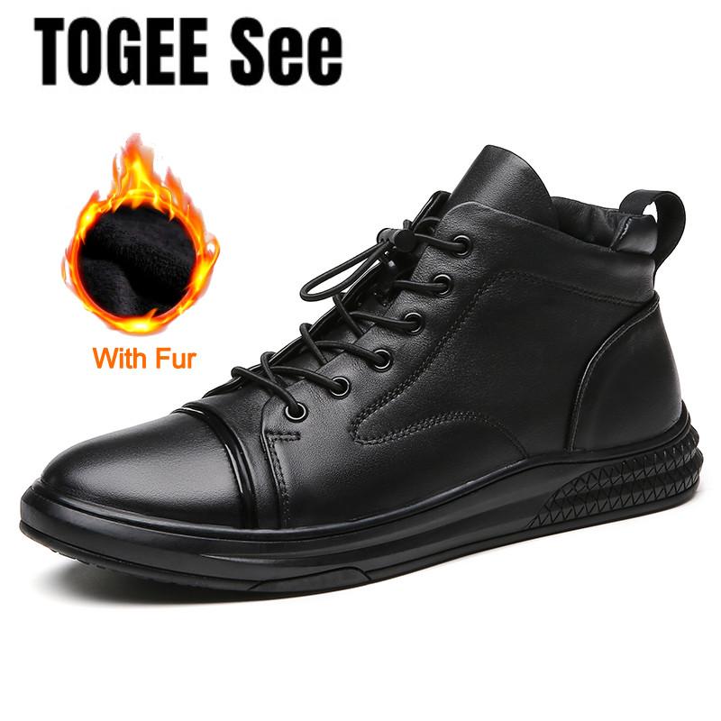 Genuine Leather Men's Casual Shoes Fashion High Top Sneakers Shoes Winter Wool Fur Warm Men Boots Outdoor Snow Non-Slip Footwear