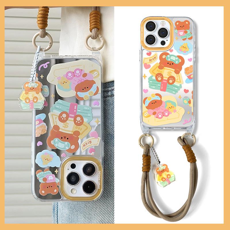 Zhitai Мультяшный чехол-зеркало для iPhone 12-15 Pro Max, со шнурком - Женский дизайн