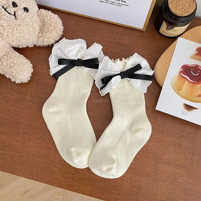 Girl Spring Autumn New Lace Bow Socks Korean Academy Style Student Children Mid Length Socken Baby Princess Kid Cotton Stockings