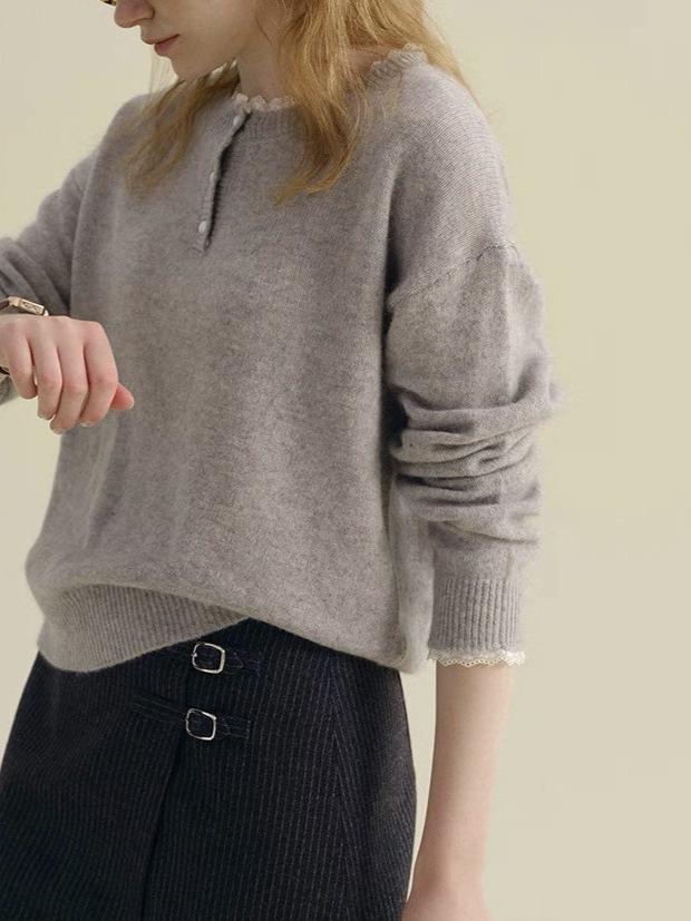 French Style Lace-Trimmed Winter Sweater