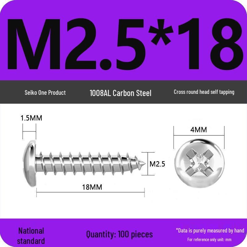 Galvanized Self-Tapping Screws, Round Head, White Zinc, PA Cross Pan, Pointed Tail M1.2-M4