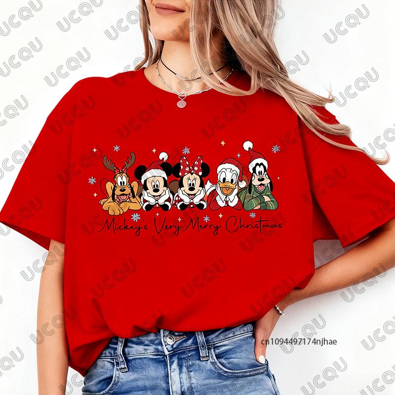 Christmas Family Mickey Mouse Print Cotton Tshirt For Women Summer Short Sleeve Oneck Tees Casual Oversized Couple Tops