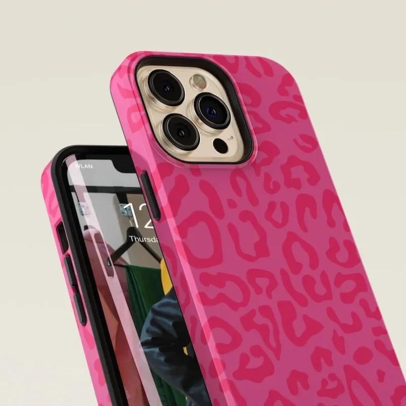 Роскошный Чехол Clmj леопардовый Розовый на Розовом для iPhone 16 15 14 13 12 11 Pro Max Plus Магнитная Двухслойная Задняя Крышка