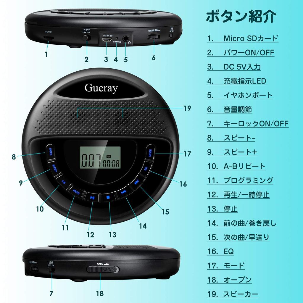 Gueray Portable CD Player with Built-in Speaker, 1400mAh Rechargeable Battery, Compact Size, TF Card Compatible, Adjustable Playback Speed, A-B