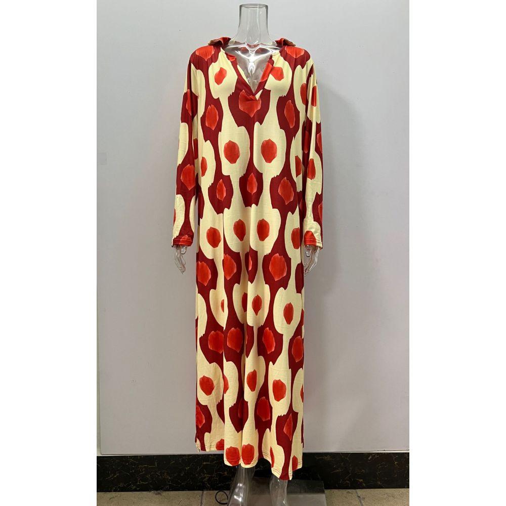 Женское свободное длинное платье с длинным рукавом и V-образным вырезом больших размеров с принтом