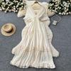 Summer Women Deep V-neck Ruffles Solid Chiffon Oversize Chic Boho Beach Holiday Long Maxi Dresses
