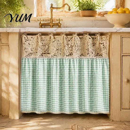 Farmhouse Kitchen Linen Decor Stove Skirt, Plaid Crochet Lace Oven Curtain, Adjustable Handle Cover Skirt Curtain with Ties for Cottage Rustic Cabinet