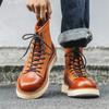 Fashion Mens Fashion Party Nightclub Platform Boots Lace-up Genuine Leather Shoes Cowboy Tooling Work Boot Handsome Ankle Botas Hombre