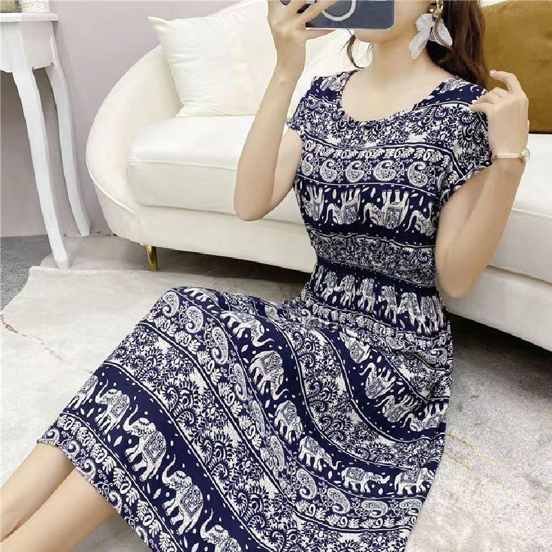 Летнее платье из хлопка и шелка в этническом стиле с цветочным принтом, модное элегантное платье больших размеров с короткими рукавами и средней длиной