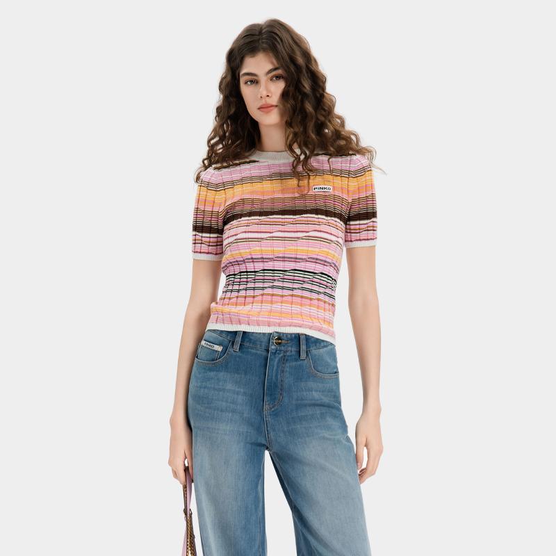 Pinko Стильная и роскошная футболка с цветовыми блоками и полосками, с коротким рукавом, для женщин, уменьшающая возраст, в дофаминовом стиле, облегающая, для работы и свиданий PEAF261238711