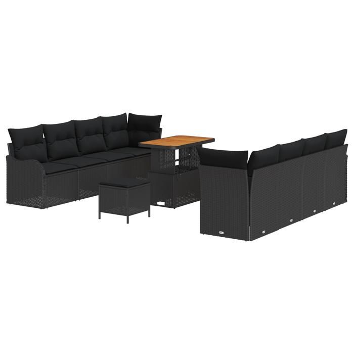 Set de sofa de jardin 11 pièces avec coussins Noir Poly Rattan Acacia, Sofa de jardin 2 places avec rangement et coussins 3364189