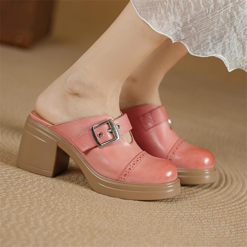 Модные новые летние тапочки, тапочки из натуральной кожи для женщин, модные мюли-броги, с круглым носком, на высоком каблуке, тапочки-сандалии с закрытым носком