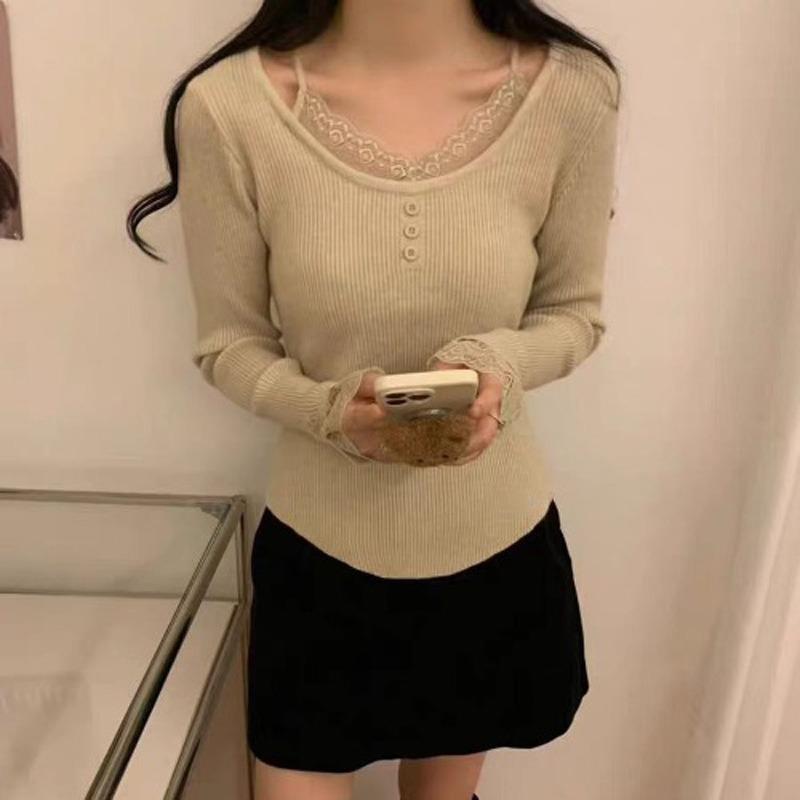 Lace Knitted Bottoming Shirt Women's Inner Season New Crew Neck Sweater Design Slim Top