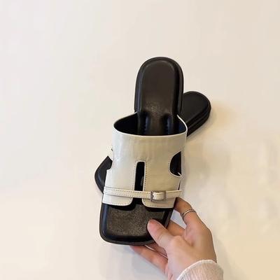 Версия из мягкой кожи~ Французские нежные шлепанцы на плоской подошве, удобные и прохладные, женские универсальные, с удобной пряжкой-ремнем, полые, однословные