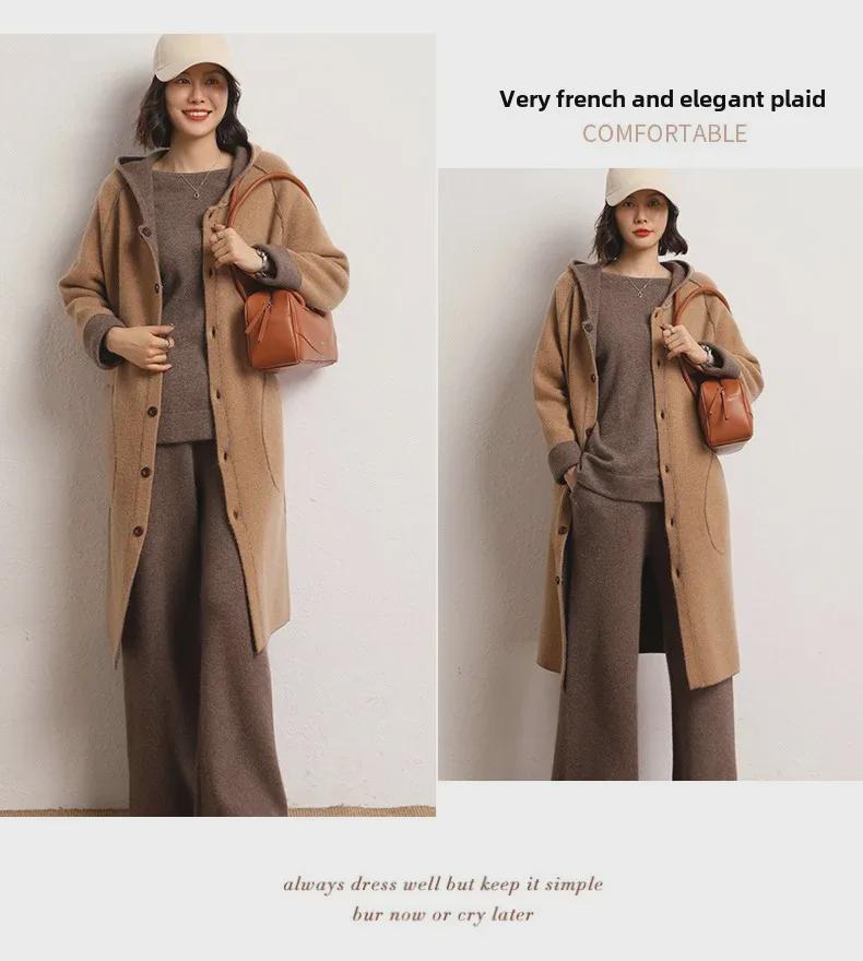 Женское кашемировое пальто с капюшоном — толстое, теплое, средней длины, выше колена, кардиган для осени и зимы