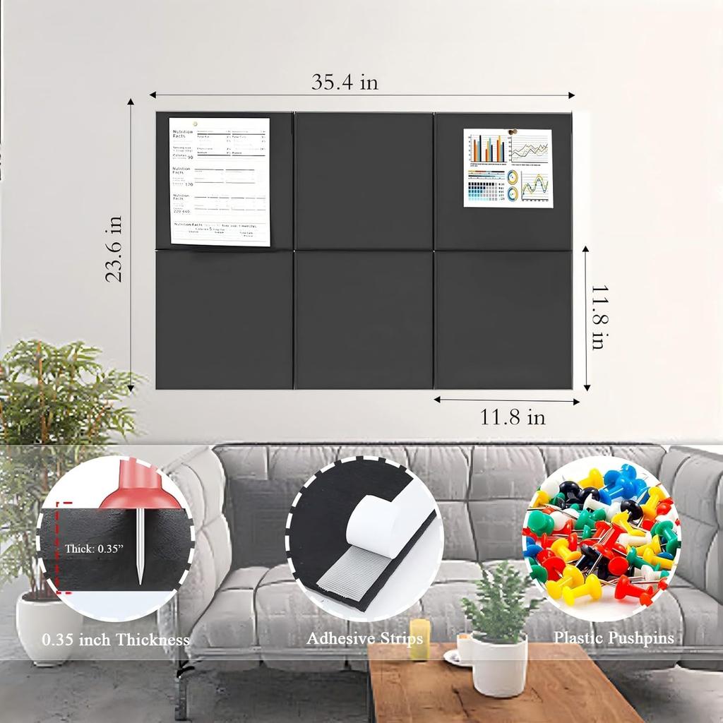 Большая пробка доска для стен 36" x 24", 6 упаковок войлочных настенных плиток, Черные доски объявлений с безопасными съемными клейкими полосками, Пробковые доски для офиса,
