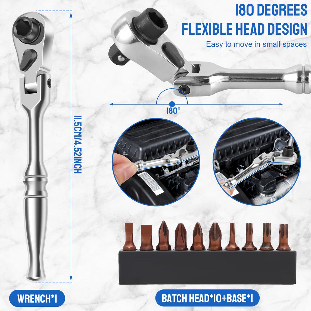 Mini Ratchet Wrench Set Chrome Vanadium Steel 2 in 1 Flex Head Ratchet Wrench Reversible 1/4 Inch Drive Ratchet and Bit Driver
