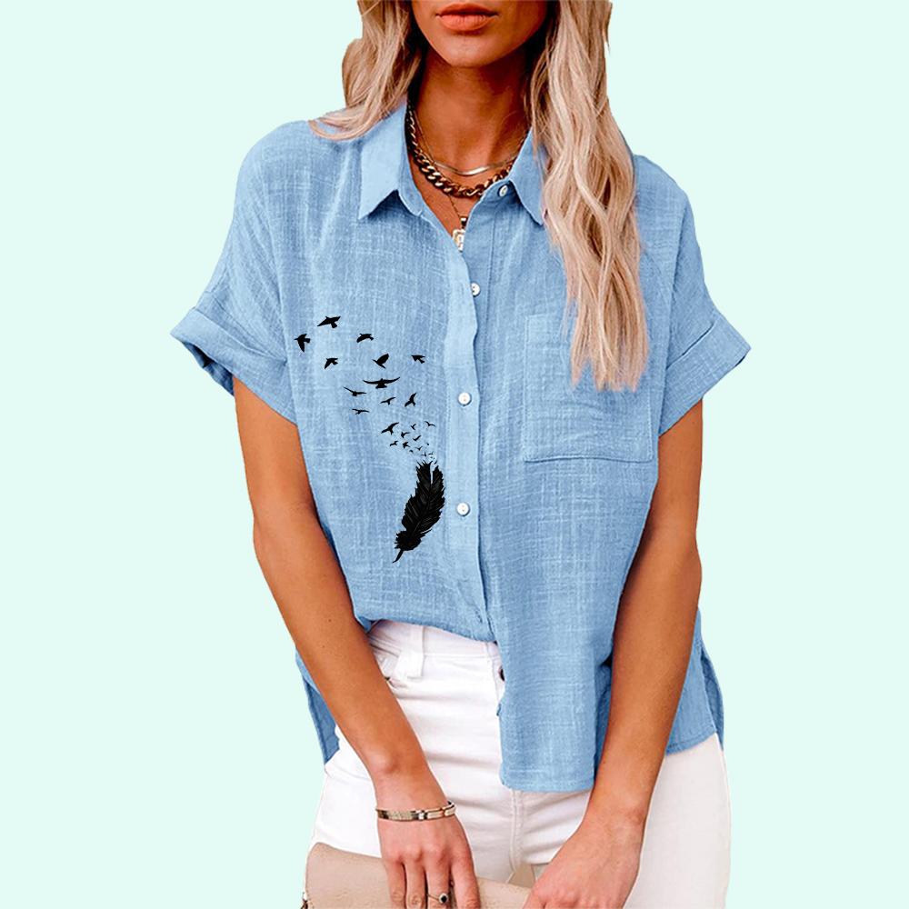 Плюс размер Женская мода цветочный принт футболка лето и осень повседневный льняной топ женские свободные блузки с коротким рукавом на пуговицах