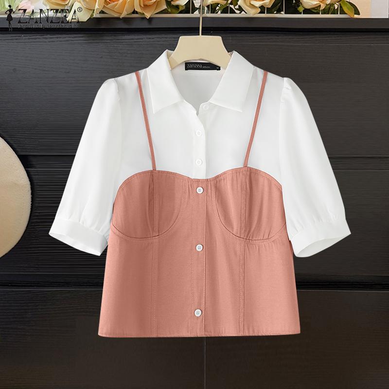 ZANZEA Women Casual Turn Down Collar Patchwork Short Sleeve Blouse