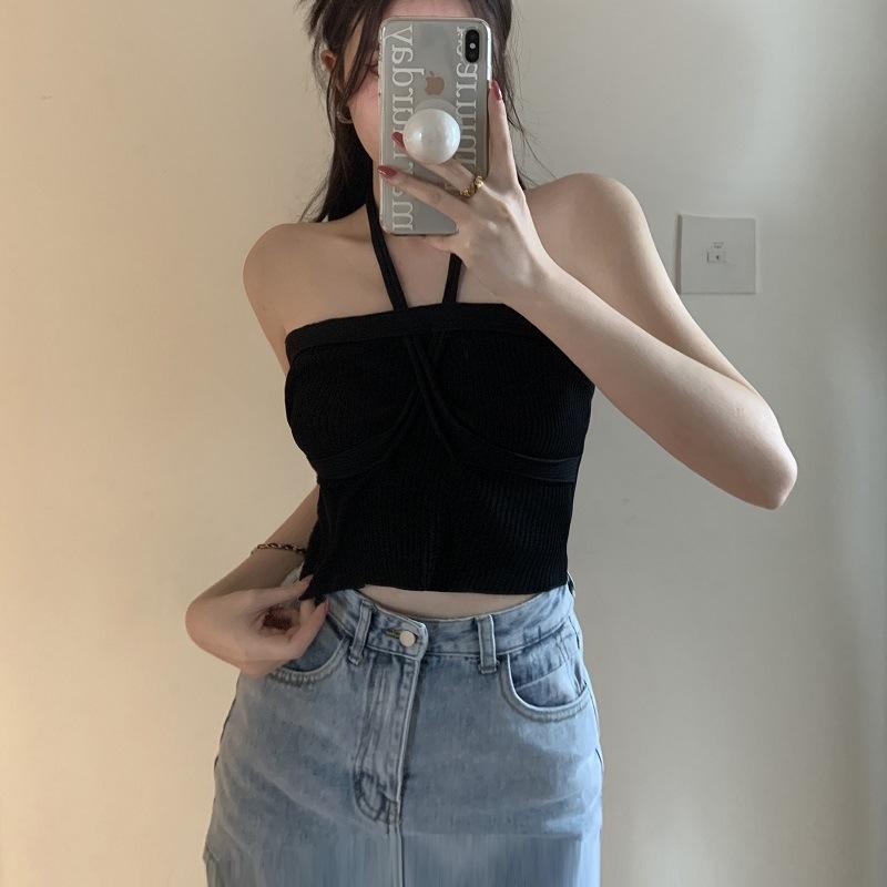 Летний новый маленький подтяжки халтер шея сексуальный завязывающийся бандо спинки поверх топа носить горячая девушка короткий вязаный жилет