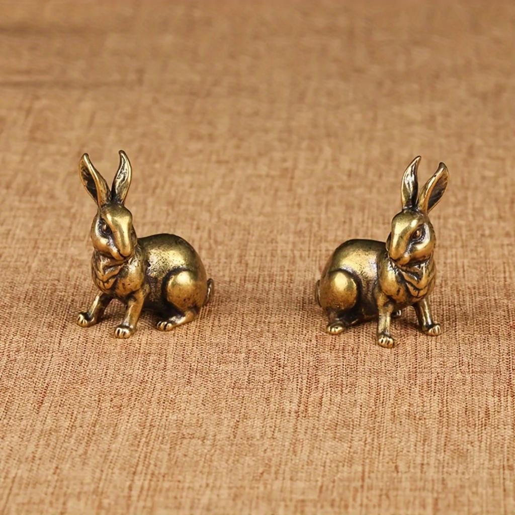 Pair of Antique Copper Zodiac Rabbit Tea Pets - Handcrafted Solid Brass Rabbits for Feng Shui & Home Decor, Vintage Tabletop Ornaments & Lucky Charms,