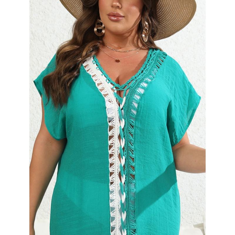 Holiday Beach Cover-Ups Plus Size Women's Cover Up Hand Hooked Clashing Colour Splicing Deep V Split Dress