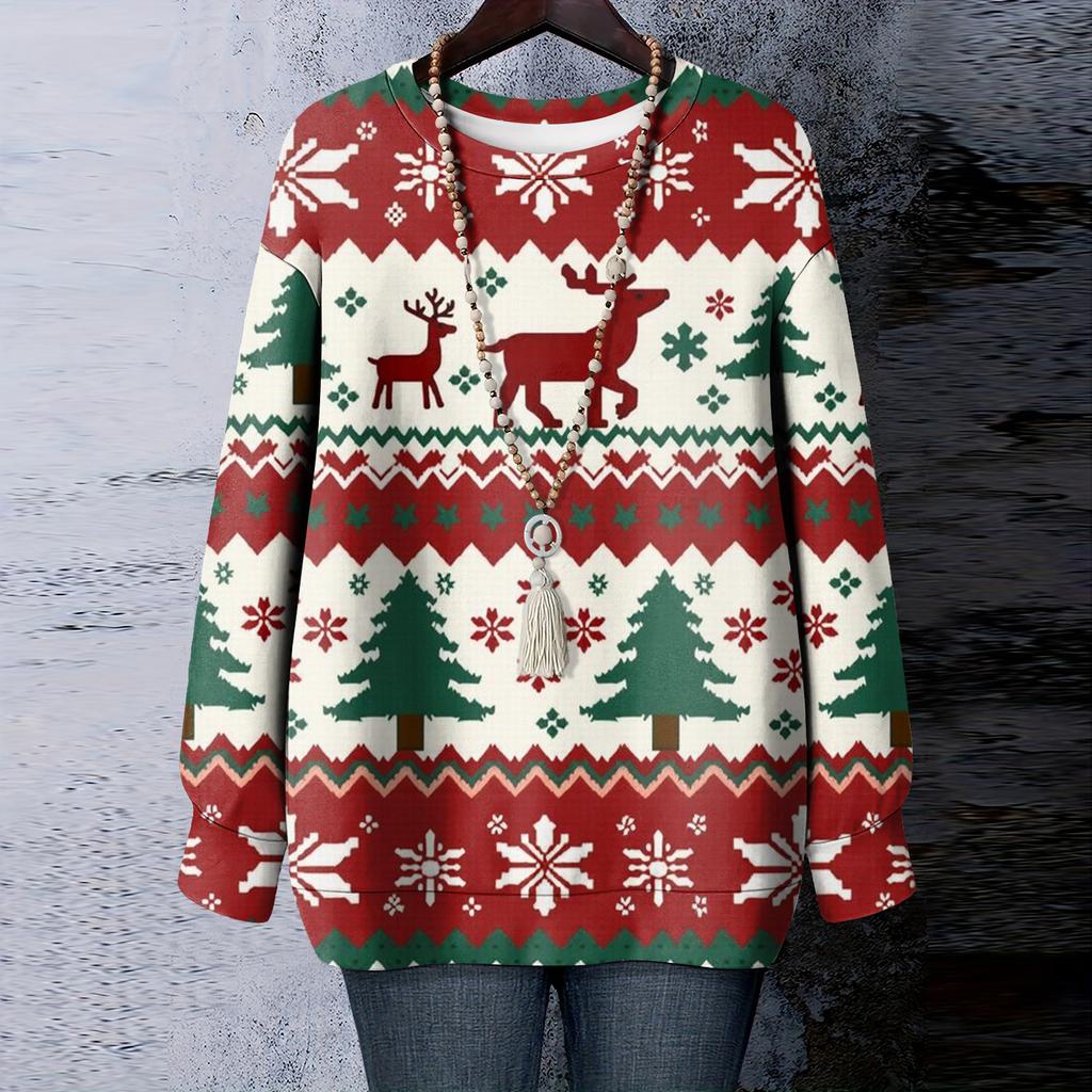 Ladies' Christmas Printed Round Neck Long Sleeved T-shirt Sweatshirt Top