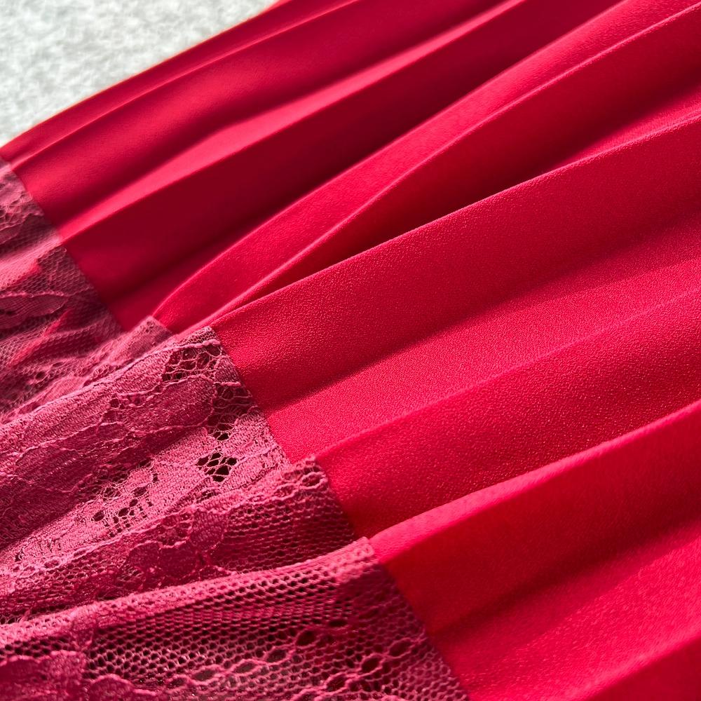 Платье высокого класса для женщин на осень, французская мода, кружевное, с длинными рукавами, пэчворк, с акцентом на талии, плиссированное длинное платье