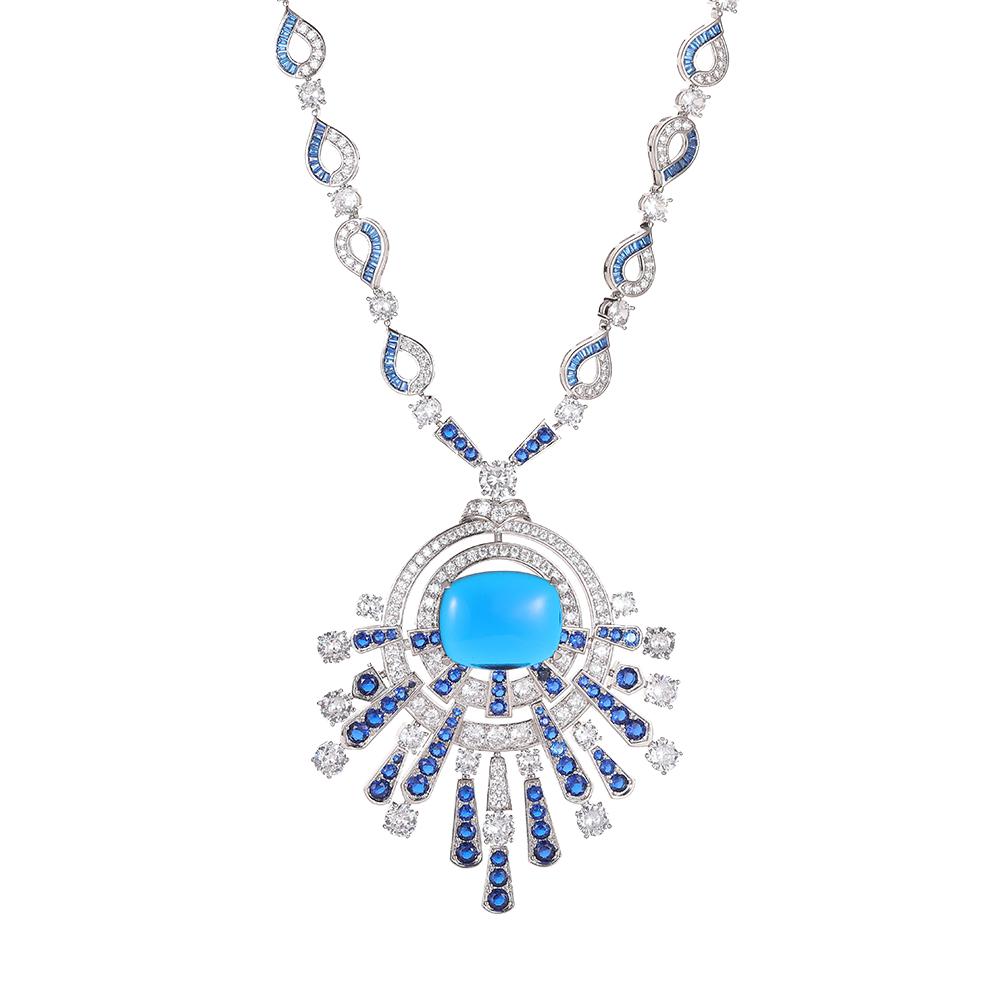 Blue Square Classic Luxury Platinum Plated Brass Zircon Sweater Chain Stylish Bohemian Style Necklace for Women Anniversary